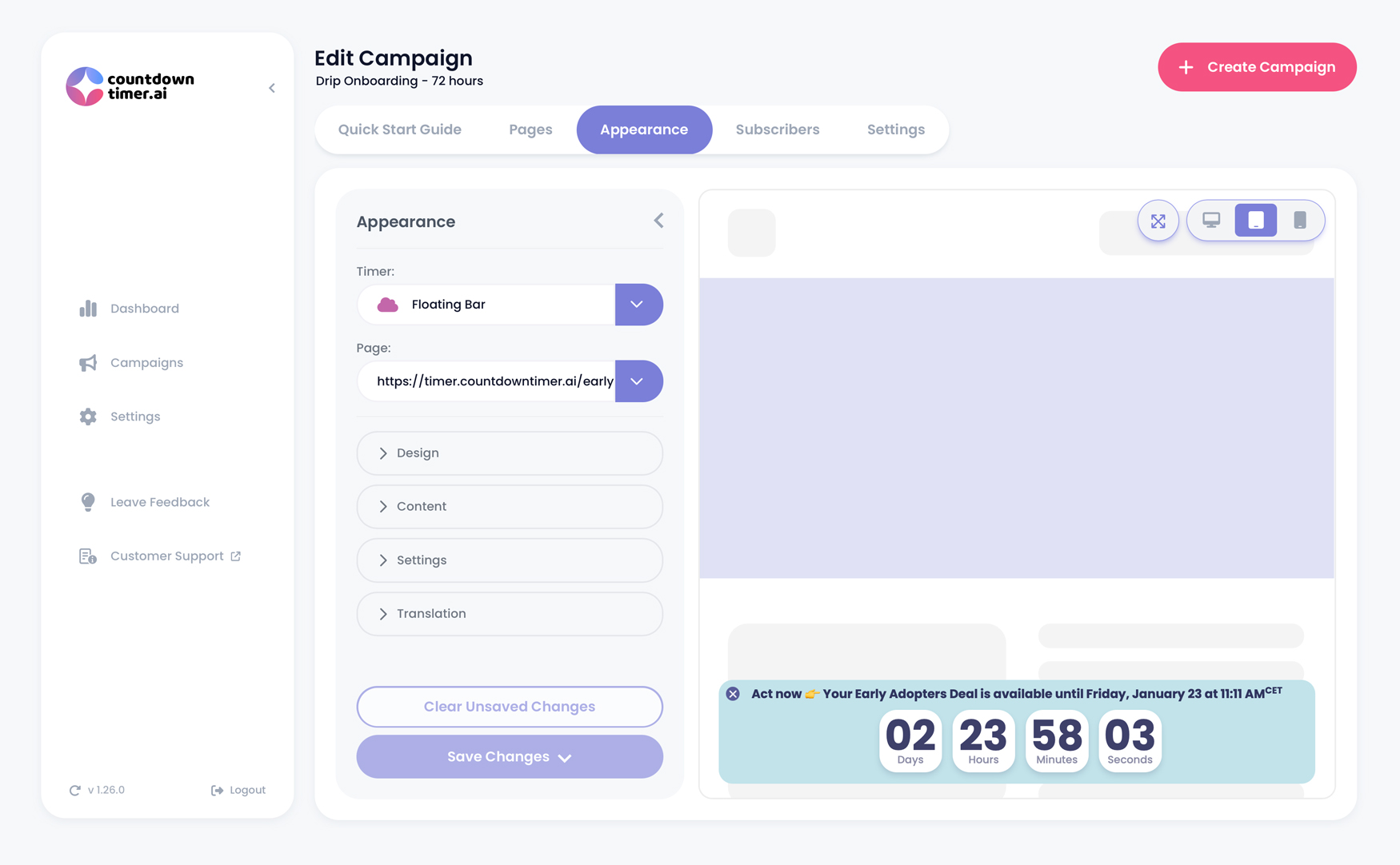 CountdownTimer.ai dashboard with floating bar timer preview